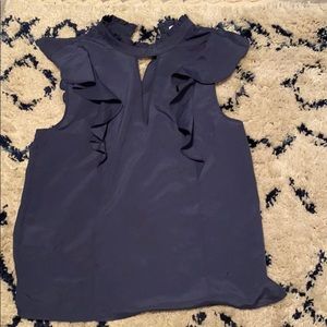 Blue BCBG top with high neck and keyhole